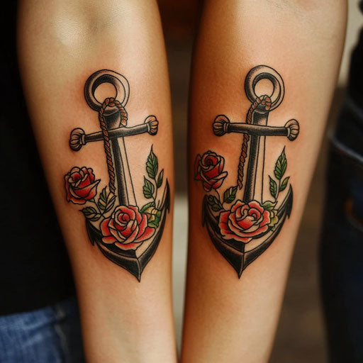 Inner arm tattoos of a traditional anchor with roses