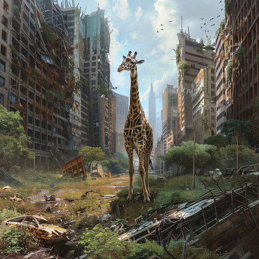 Post-apocalyptic landscape with a giraffe among the ruins of skyscrapers