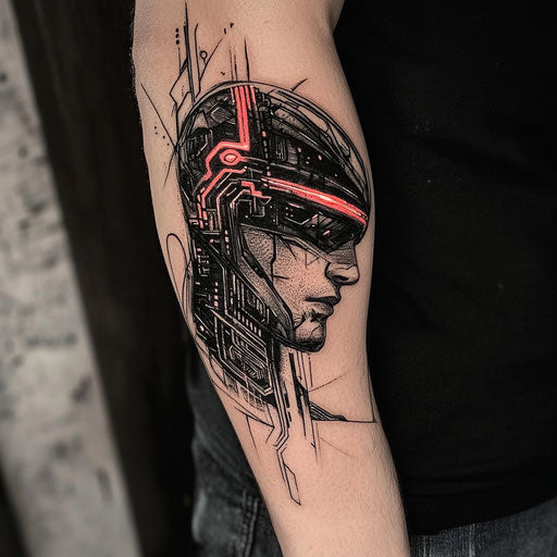 Back of arm tattoo J.P. Targete cyberpunk theme