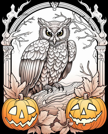 Halloween coloring pages with an owl and bat