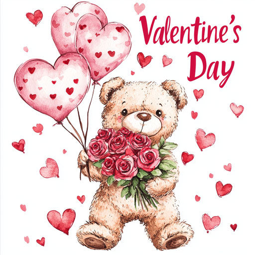 Adorable teddy bear with roses and heart-shaped balloons