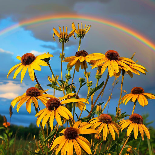 Cluster of yellow coneflowers under a rainbow