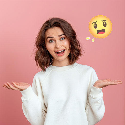 Beautiful and confused woman with yellow emoji beside