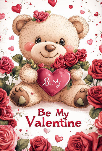 Be My Valentine With Teddy Bear And Red Flowers