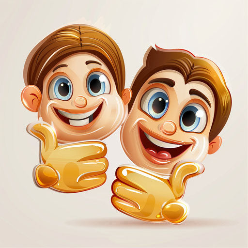 Two people with smiley faces pointing the thumb up symbol
