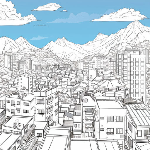 Cityscape with mountains and clear blue sky. Coloring book page