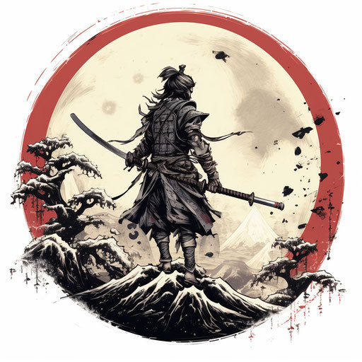 Samurai with swords on moon, in traditional silkscreen style