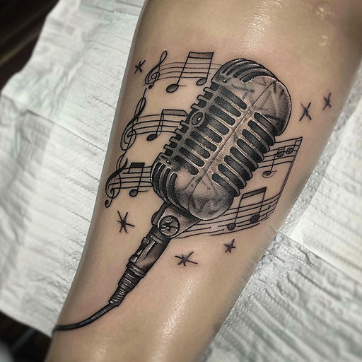 Vintage microphone with musical notes in elegant gangster tattoo