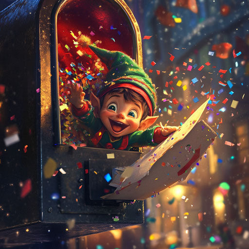 Mischievous elf hiding mailbox surprise burst confetti