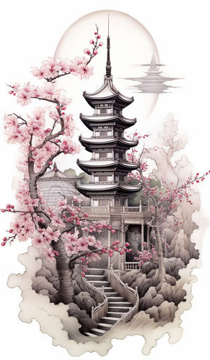 Pagoda and trees in tattoo inspired style, white and light gray, multi-layered collages, cherry blossoms, cultural symbols