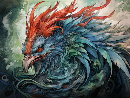 Blueish rooster dragon tattoo drawing, chinapunk style