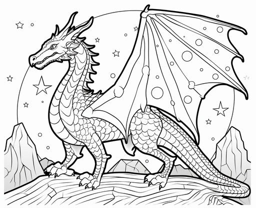 Adult coloring dragon in the stars, in the style of Evelyn Dunbar, minimalist line art 31:25
