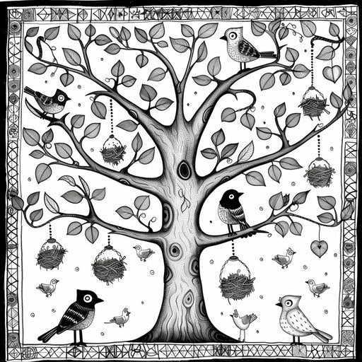 Whimsical tree with birds and nests, perfect for spring. Coloring book page