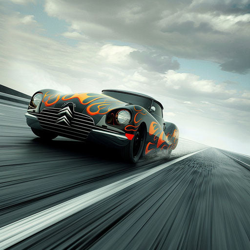 Futuristic Citroen DS 20 hotrod with flames racing on the deserted highway