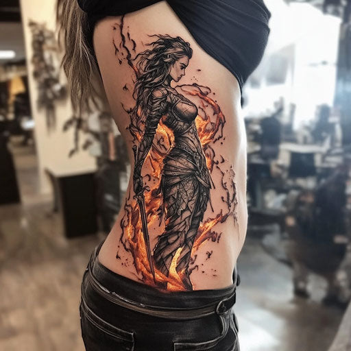 Rib tattoos for women with a warrior spirit emerging from flames in the style of Peter Jackson
