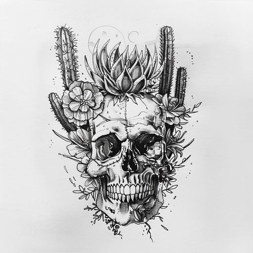 Flat tattoo sketch inspired by nature of a Calavera with elements of cacti and desert flora