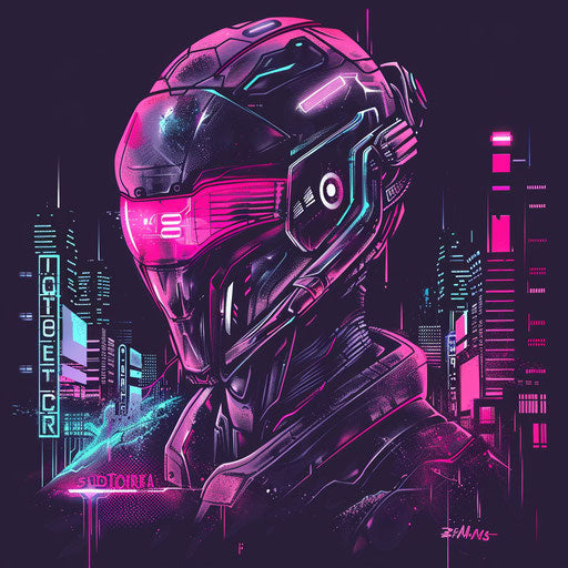 Cyberpunk spartan helmet tattoo sketch with neon signs and futuristic cityscapes