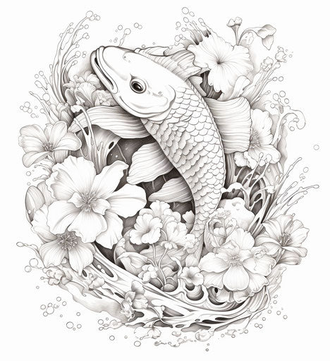 Koi fish, flowers and waves, intricate black and white style