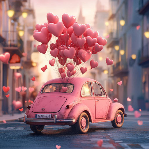 Pink vintage car with heart-shaped balloons