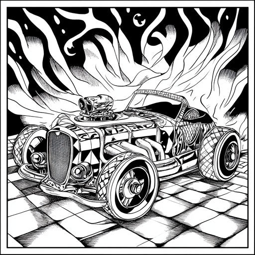 Playful designs race car, Andy Marlette style, coloring book page