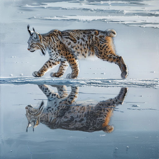 Lynx crossing a frozen lake, reflecting its image on the ice