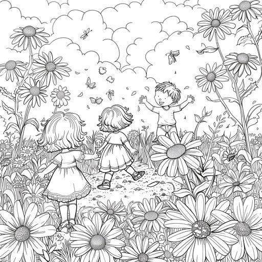 Children playing in a field of daisies
