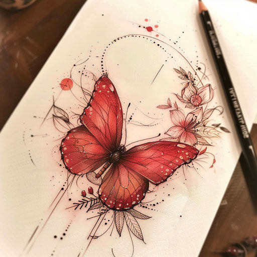 Artistic tattoo sketch of a red butterfly with delicate fine lines and floral accents