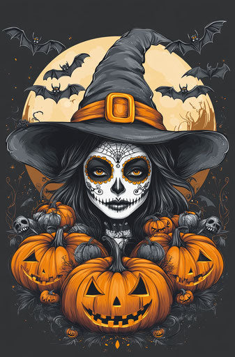 Witch with sugar skull makeup and pumpkins