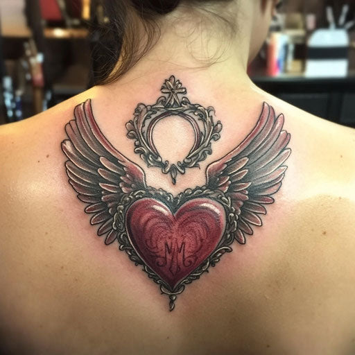 Mom heart tattoo with angel wings and halo