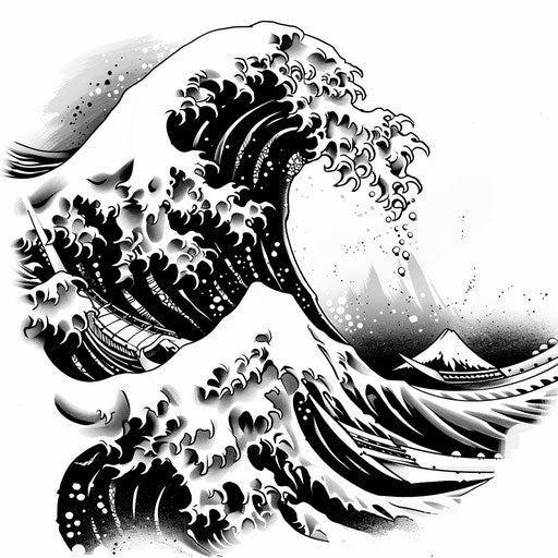 Sketch of a fierce Japanese wave in clipart style with stark black and white contrasts and a modern twist