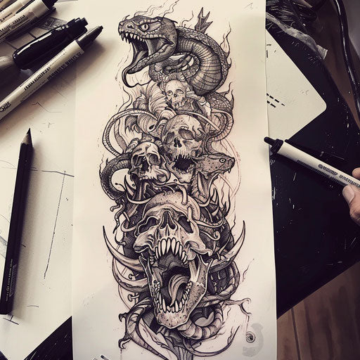 Neo-traditional flat tattoo sketch of a hell scene