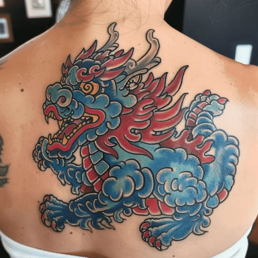 Traditional Japanese Foo dog tattoo on white canvas