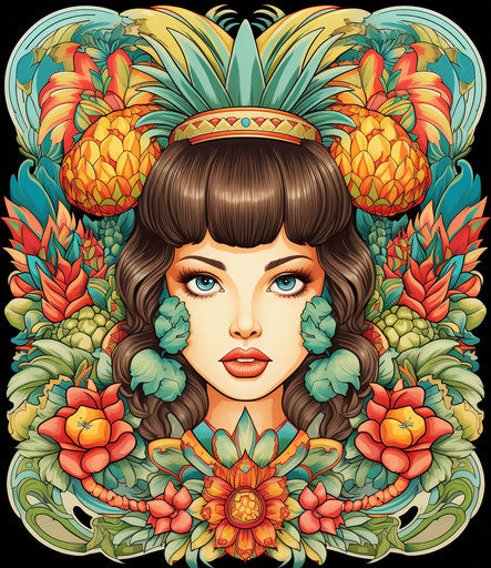 Pineapple woman, traditional Mexican style, classic tattoo motifs
