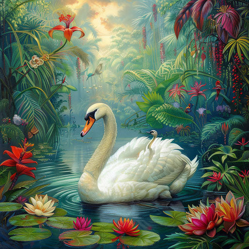Swan among water lilies in a jungle river