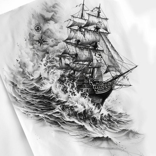 Detailed black and grey pirate ship with swirling sea and compass on white background