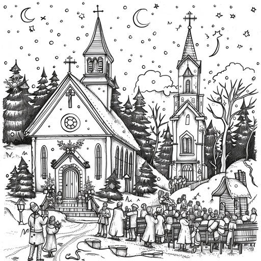 Whimsical scene of a Christmas church service with carolers outside.