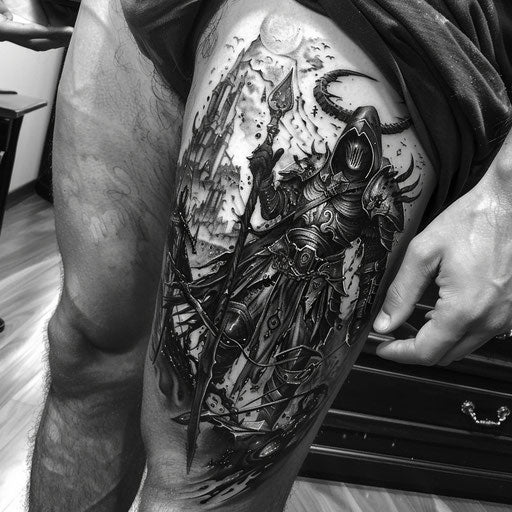 Dark thigh tattoos for men with gritty fantasy scenes