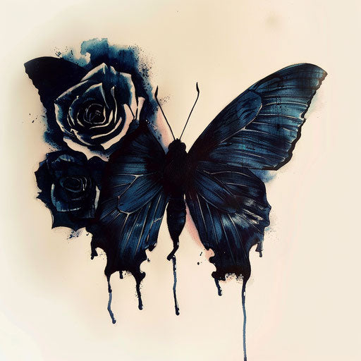 Gothic style butterfly with dark roses tattoo