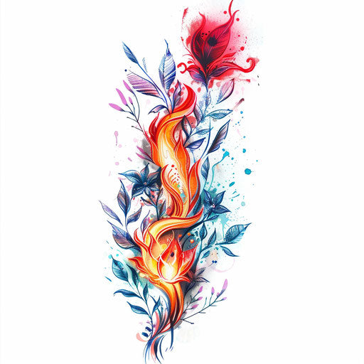Flame tattoo design with elements of nature on white background