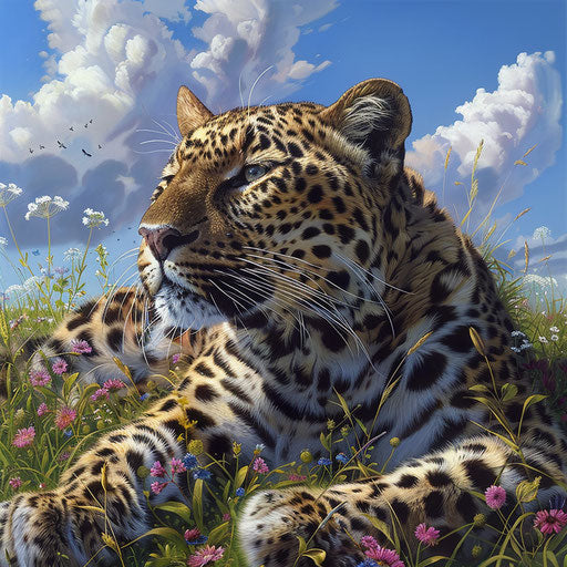 Serene Amur leopard in a field of wildflowers