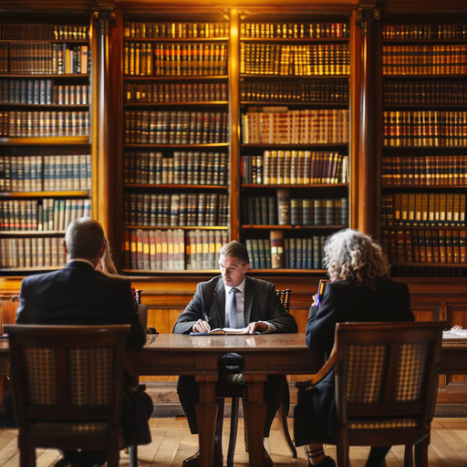 Legal team preparing for a major case in a library