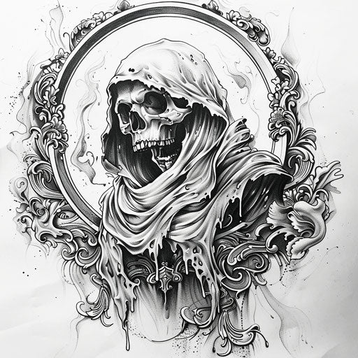 Gothic inspired death seal tattoo sketch with intricate patterns