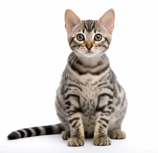 Tabby bengal kitten sitting, front legs raised, white background, dark silver and light maroon style, interlaced figures, mallgoth, dotted, booru, expansive, smooth lines 28:27