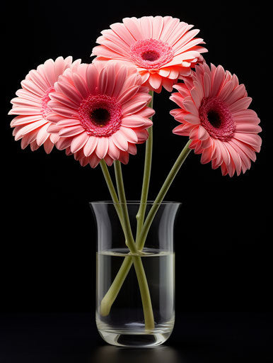 Four pink gerbera in a single vase on white background