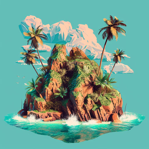Realistic island clipart on flat turquoise background