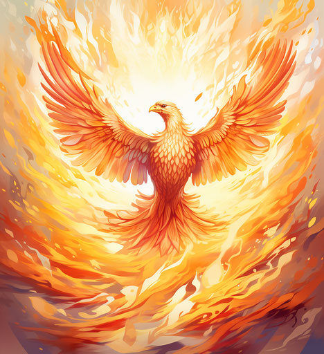 Brightly colored phoenix in orange and gold style, bird
