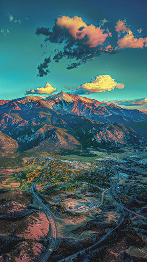 Detailed aerial view of Colorado Springs and Pikes Peak, vivid colors, 1960's vibe