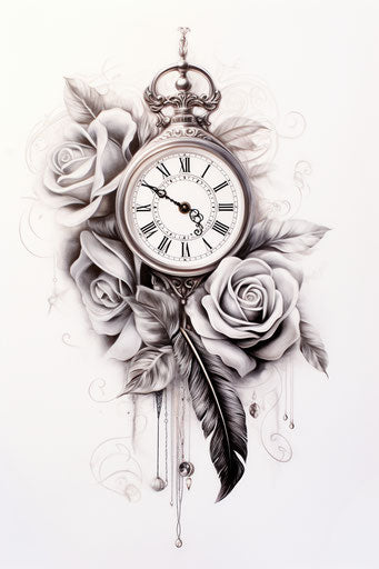Rose and pocket watch surrounded by feathers on black paper