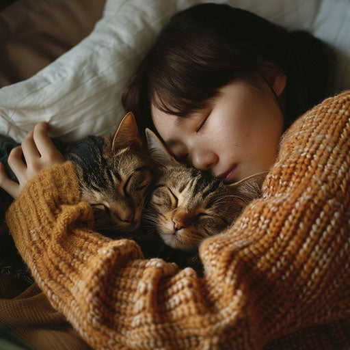 Brown cat sleeping on a couch with its owner