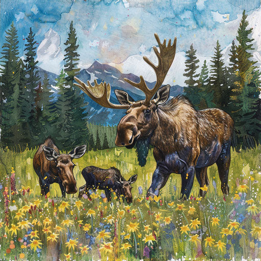 A family of moose grazing in a wildflower meadow in spring